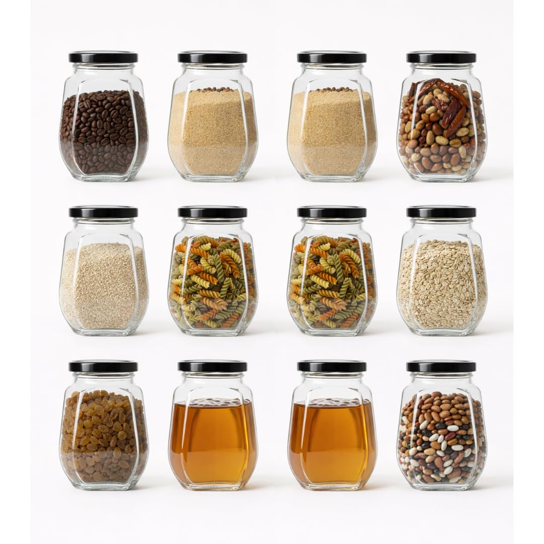Croco Crown Shape Glass Jars With Airtight Snug Seal Container Set For Kitchen And Rustproof Metal Lid, Spice & Honey Glass Jars (250Ml) (12), Black-image-12