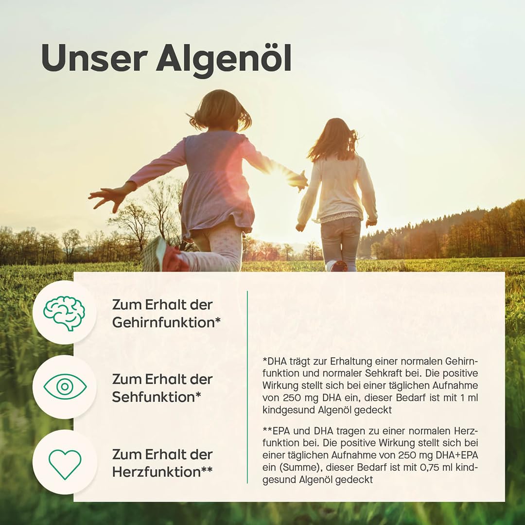 Omega 3 Kinder Tropfen – vegan & nachhaltig – 50 ml Algenöl (66 Tage) – kindgerecht dosiert: 205 mg DHA + 103 mg EPA pro Tagesdosis – mit Zitronengeschmack - ab 3 Jahren
