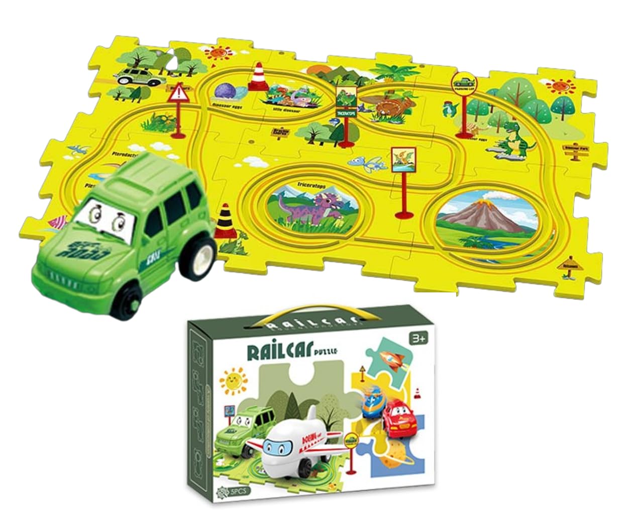 HALAYAYA DIY Assembling Electric Trolley Car Set, Children's Educational Puzzle Track Car Play Set, Rail Car Track Toy Puzzle, Fun Rail Car Building Toys for Kids Ages 3+ Years (Dinosaur 13 pcs)