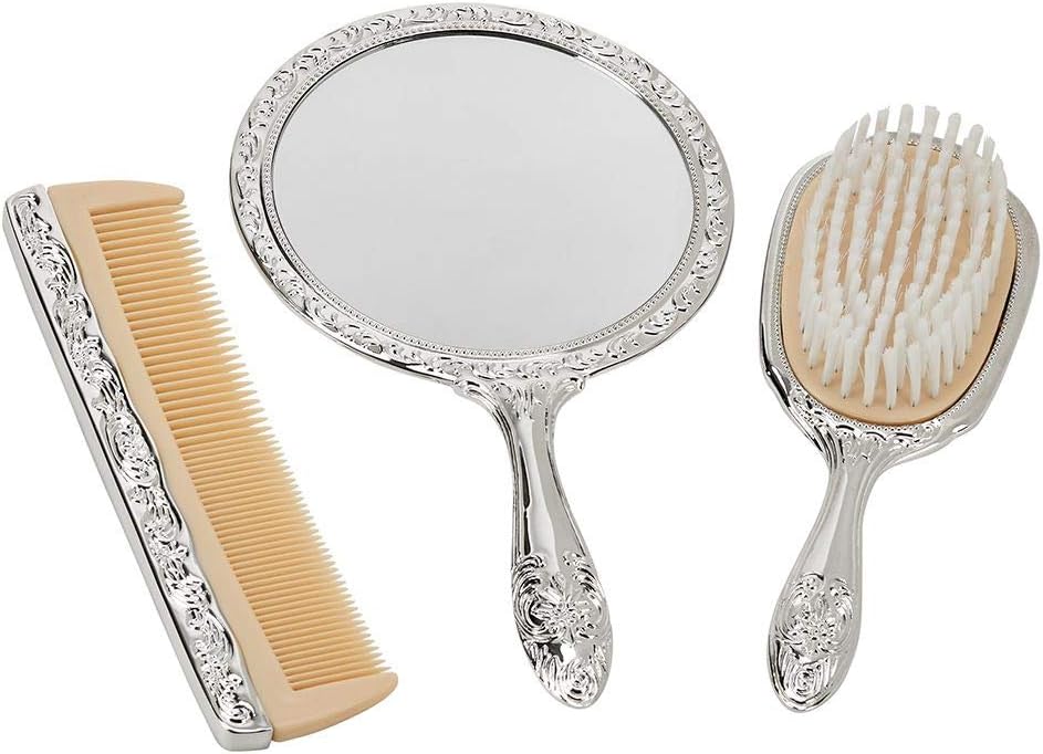 Creative Gifts International Nickel Plated Brass, Non-Tarnished 3-Piece Vanity Set, Brush, Comb, Mirror Set With Embossed Ornate Vintage Designs, Gift Box Included