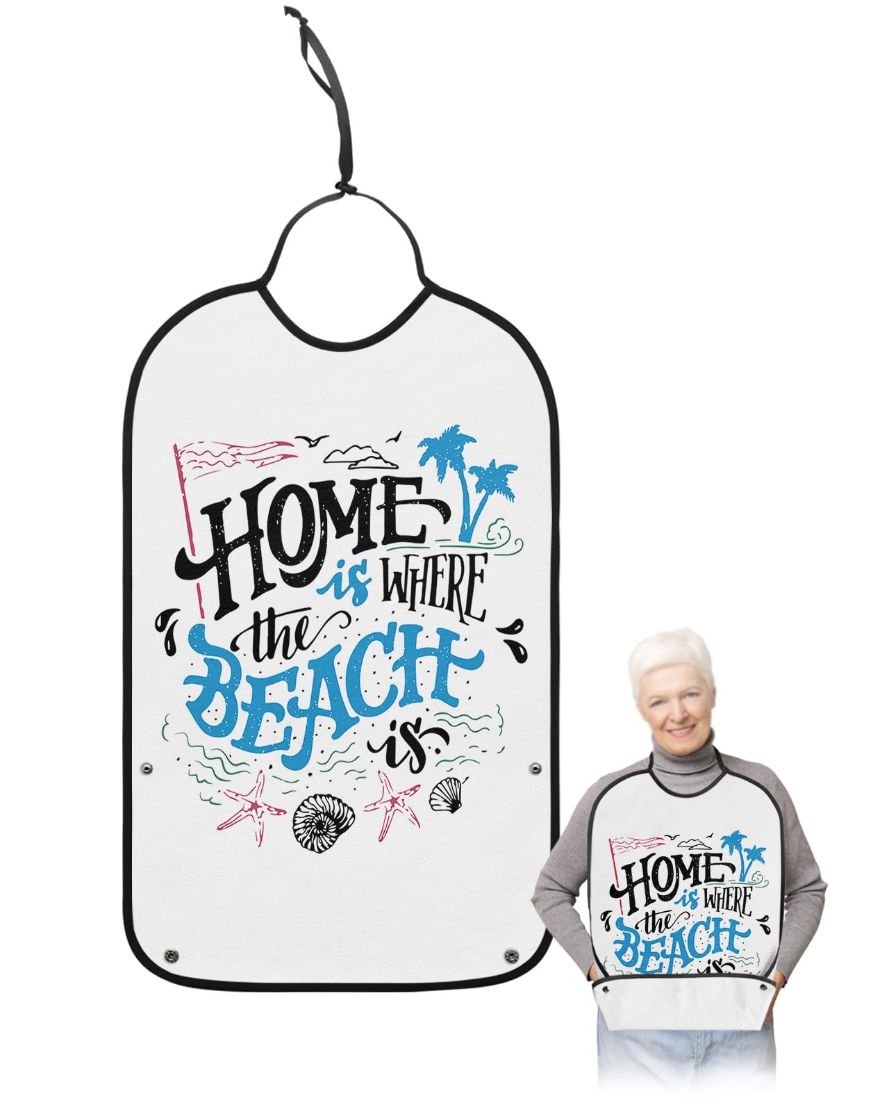 Home is Where The Beach Adult Bibs for Eating, Waterproof Bibs with Food Catcher & Adjustable Snap Closure, Ocean Coastal Starfish Shells Washable Clothing Protectors Adult Bibs for Elderly Women/Men