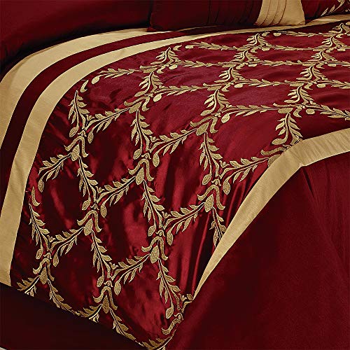 Hig 7 Piece Comforter Set King - Burgundy And Gold Faux Silk Fabric Embroidered - Claremont Bed In A Bag - Breathable And Wrinkle Resistant - 1 Comforter, 2 Shams, 3 Decorative Pillows, 1 Bedskirt #TOP5