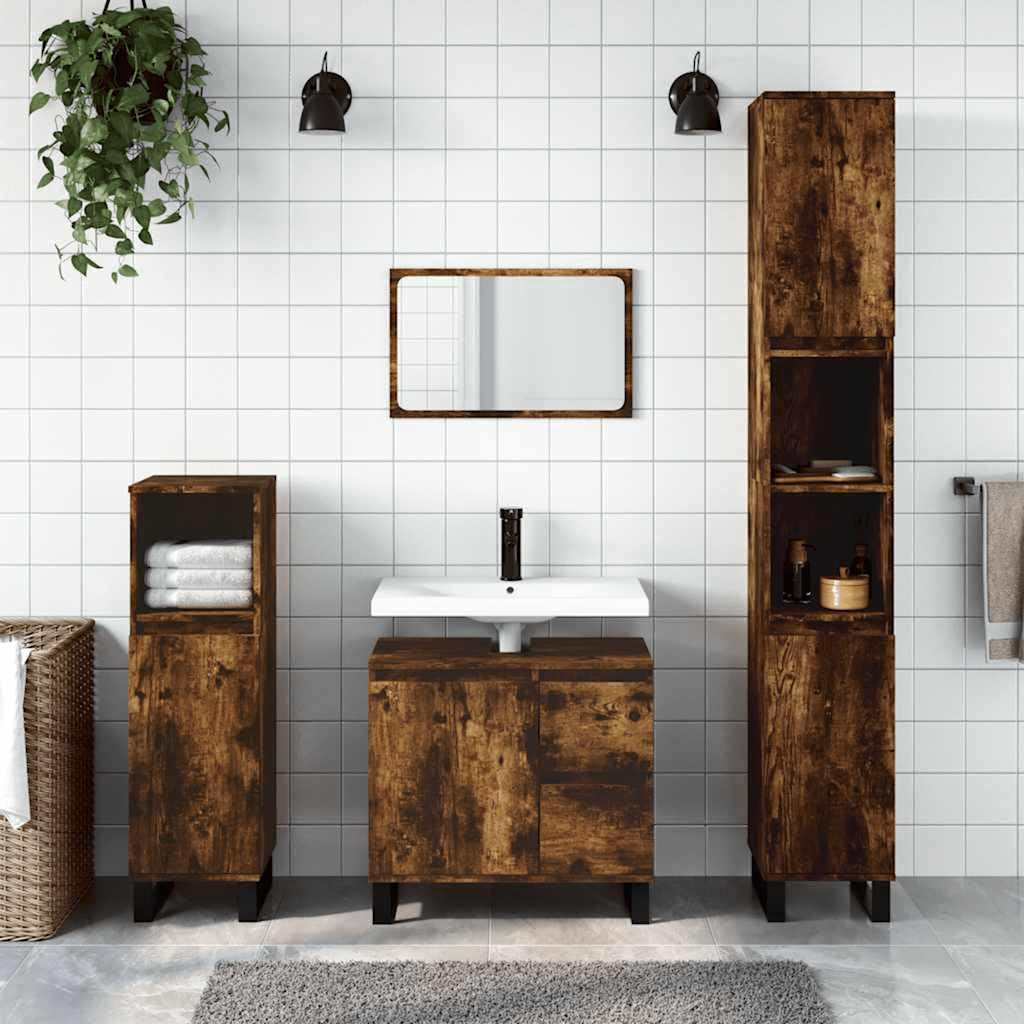 Szafka łazienkowa dąb wędzony, 65 x 33 x 60 cm, materiał drewnopochodny z żelaznymi nóżkami i elastycznym montażem na drzwiach zapewnia stylowe miejsce do przechowywania w łazience