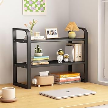 Hbluefat Desktop Organizer Shelf, 2-Tier Adjustable Desk Bookshelf, Tabletop Small Wood Bookcase, Multipurpose Display Storage Rack for Home Office Black+Black