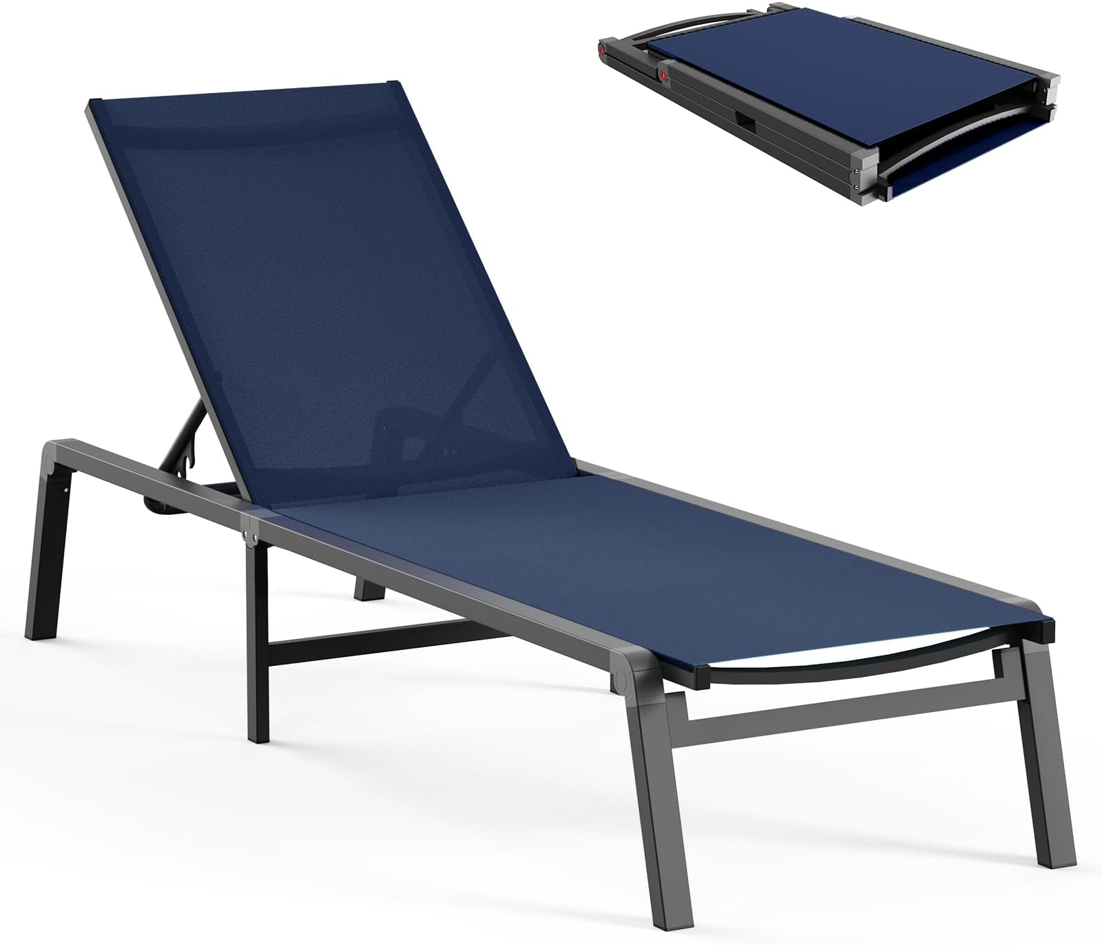 Ciokea Aluminum Chaise Lounge Ourdoor - Foldable & Assemble Free Outdoor Lounge Chair with 5 Adjustable Backrest, Patio Lounge Chair for Outside Poolside Beach Pool, Navy Blue