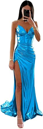 Sevintage Metallic Satin Strapless Prom Dress 2024 Long Shiny Corset