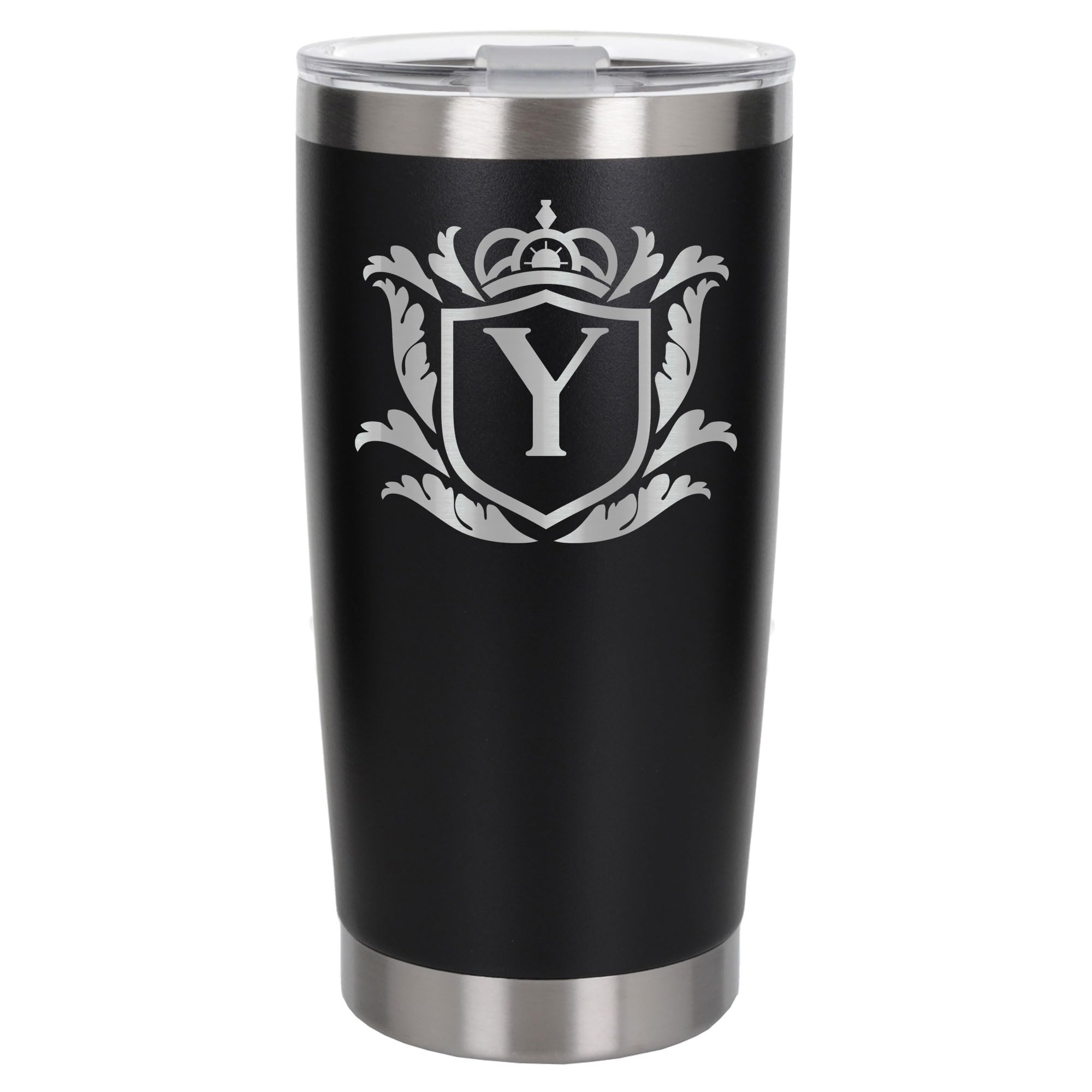 Customised Gifts 500ml Engraved Shield Initial Monogram Insulated Personalised Black Travel Mug for Men and Women - Personalised Initial Coffee Travel Mug for Hot and Cold Beverages, Letter Y