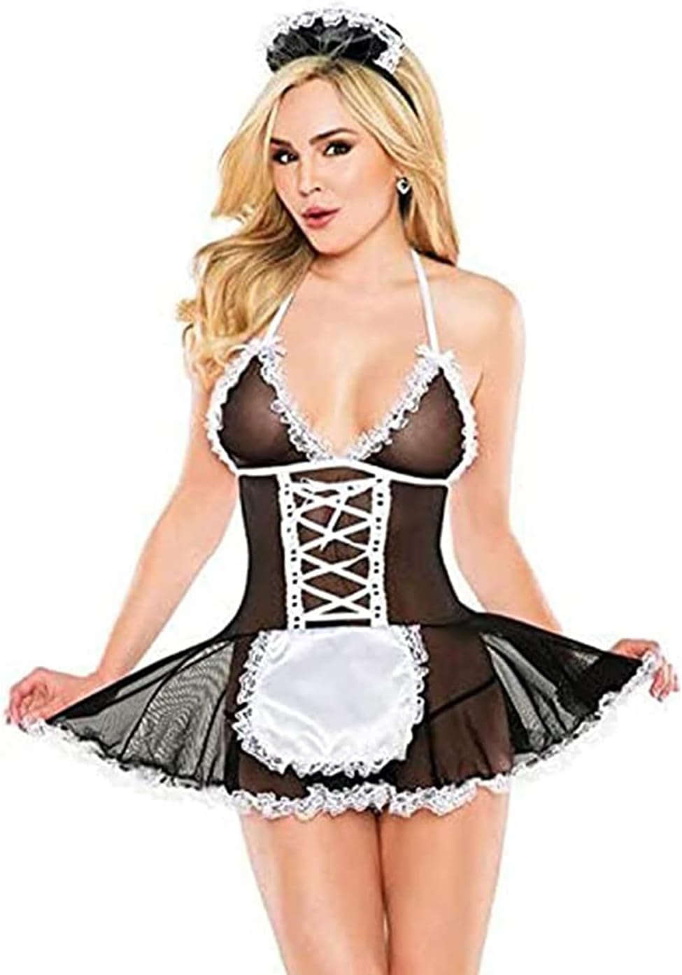 Womens French Maid Costume Maid Dress Sheer Outfit Cosplay Lingerie Set Lace Babydoll Apron Fancy Dress