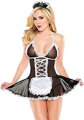 Womens French Maid Costume Maid Dress Sheer Outfit Cosplay Lingerie Set Lace Babydoll Apron Fancy Dress