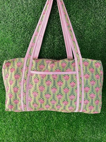 Large Cotton Weekender Travel Bag, Handmade Quilted Fabric Duffle Bag, Block Printed Overnight Bags, Hand Luggage Bag, Bags for Women, (20x10x10")3