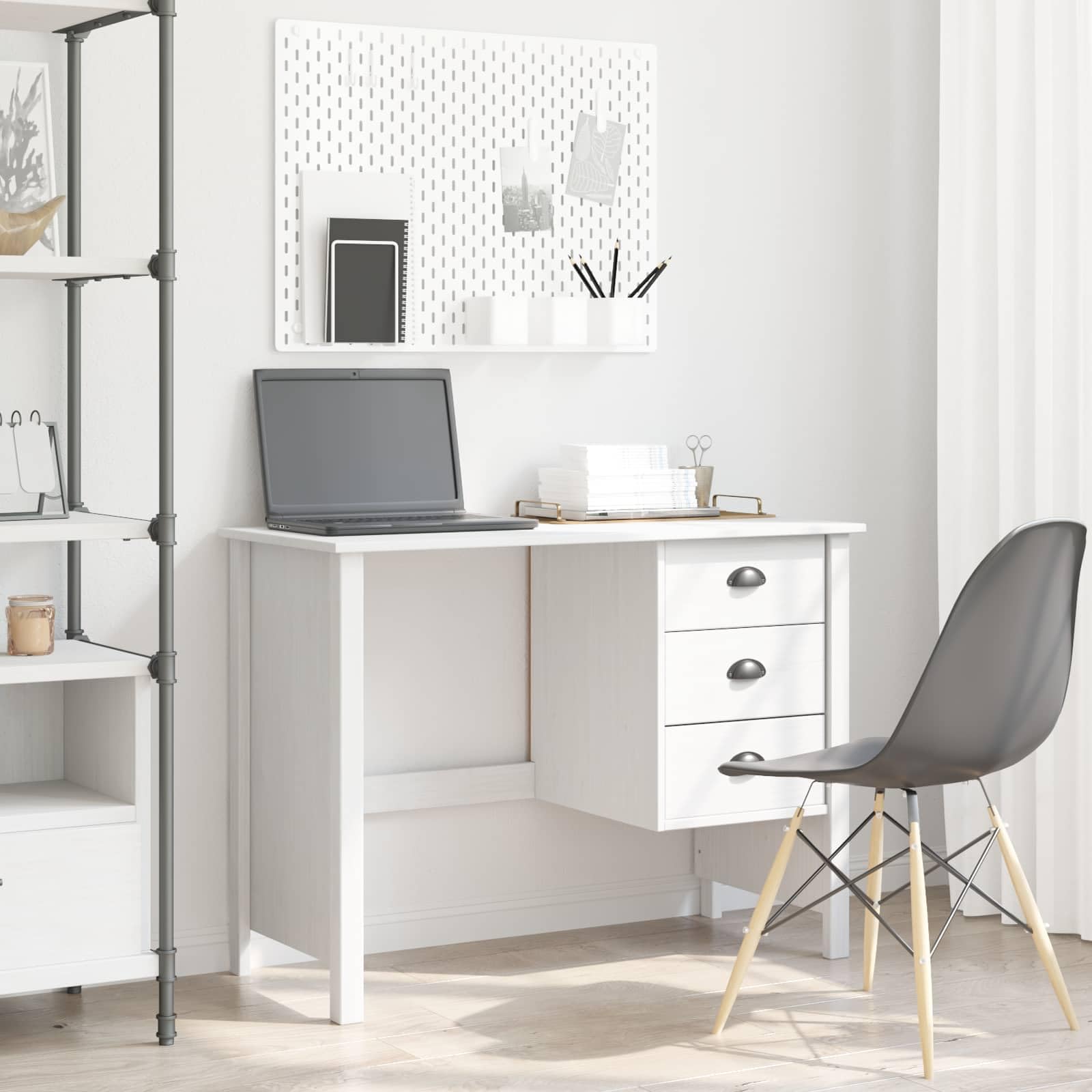 Bureau en pin massif avec tiroirs Hill blanc 100x45cm