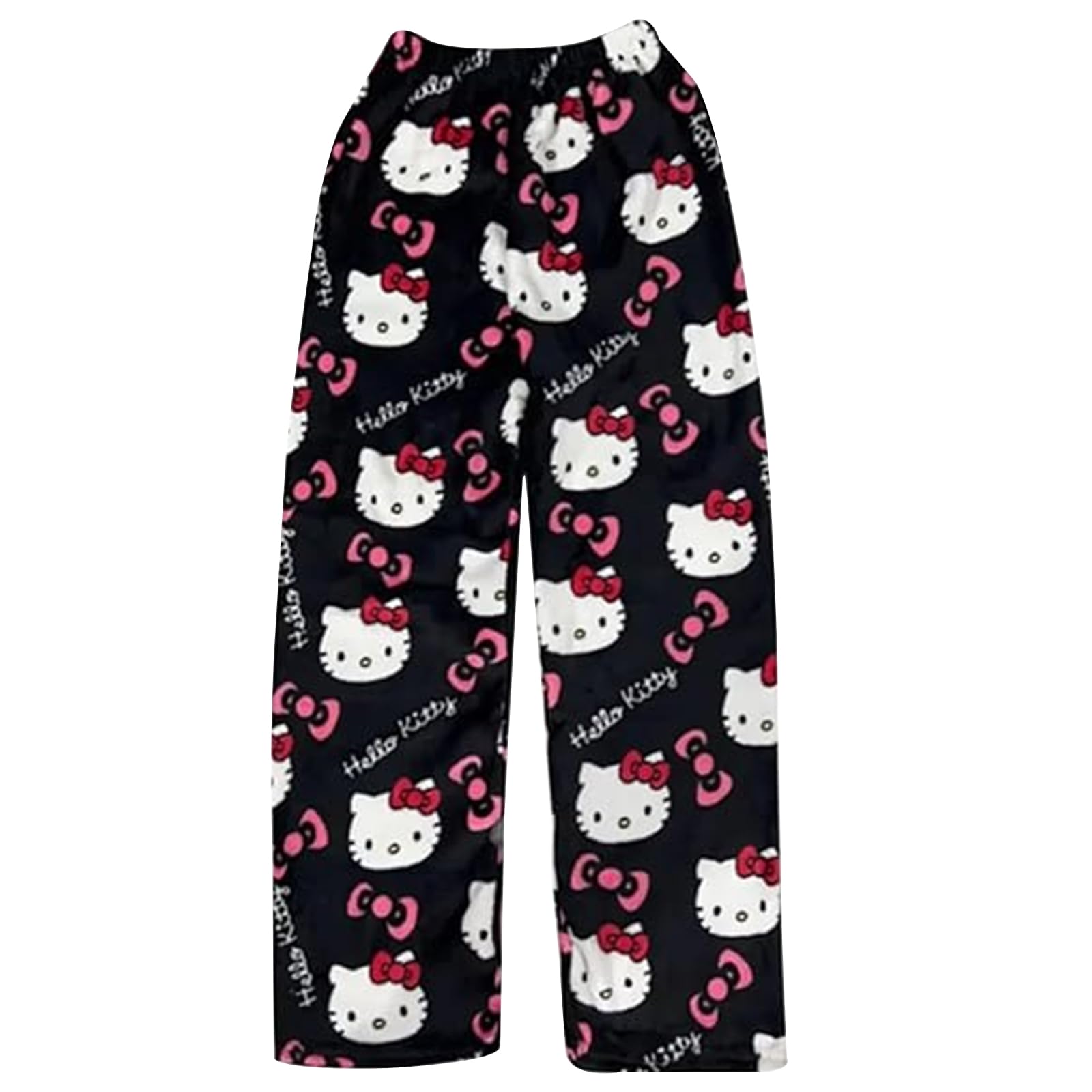 SASMoiyug Pyjama Hose Damen,Kitty kuschelhose,Lang Flanell Schlafanzughose Weich Kawaii PyjamasHose Anime Schlafhose Frauen Cartoon Casual kuschelhose Herbst-Winter (Black, M)