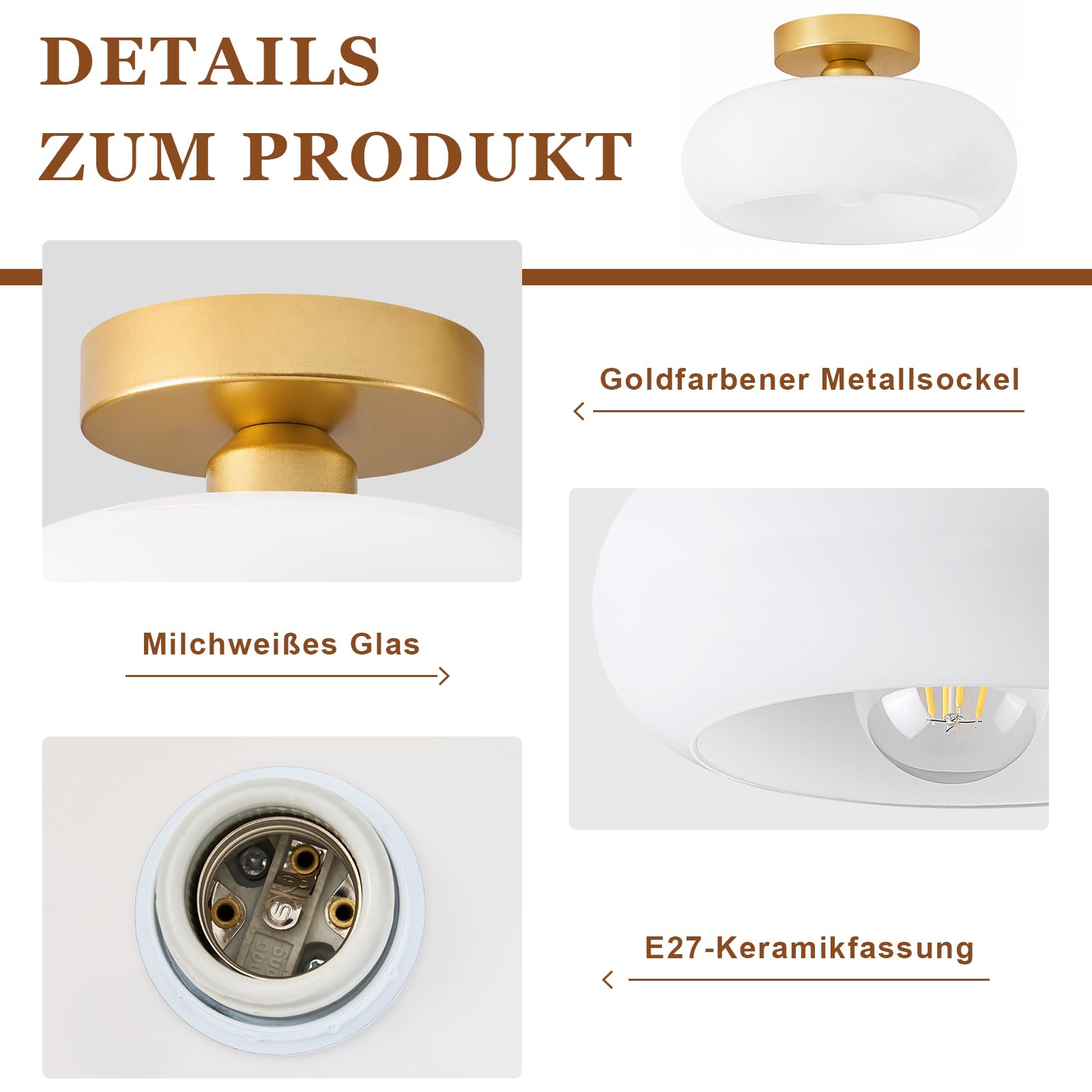 WOKNOS Moderna Bianco Vetro Lampadario Plafoniere,Dorato Plafoniera(28CM) | E27 Rotondo Plafoniera,Lampada per Soggiorno Camera da Letto Cucina Corridoio Sala da Pranzo