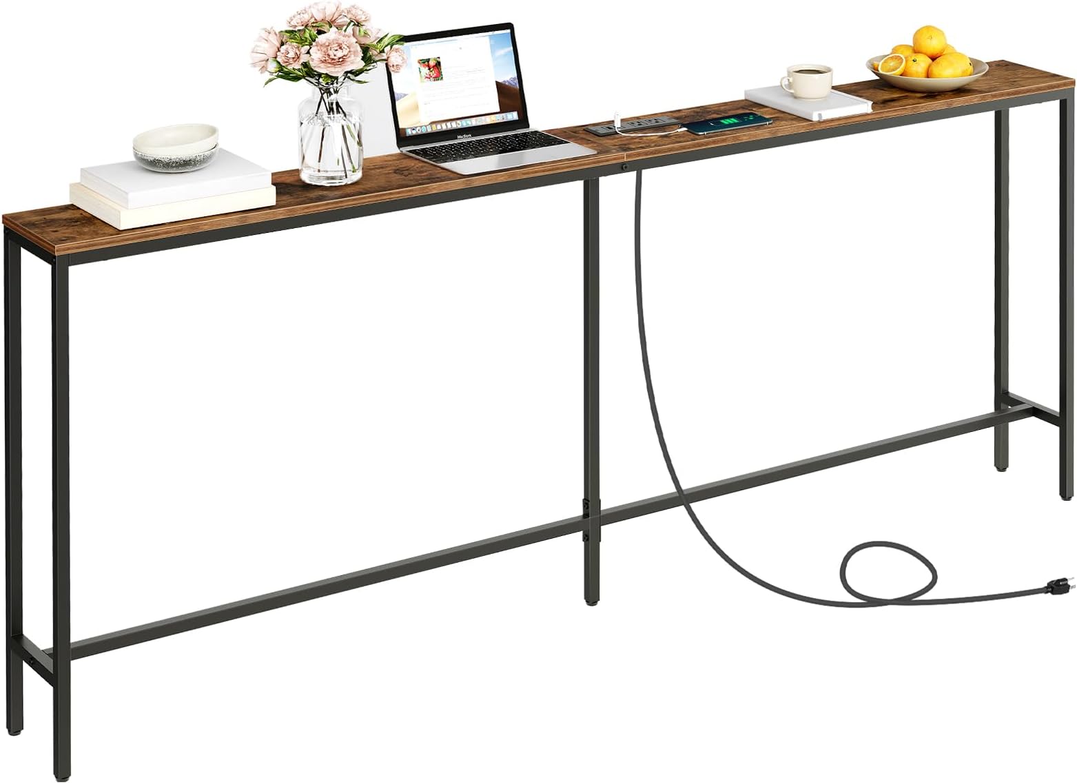 78.7" Console Table with Power Outlet, Narrow Sofa Table, Industrial Entryway Table with USB Ports, Behind Couch for Entryway, Hallway, Foyer, Living Room, Rustic Brown CTHR20E01