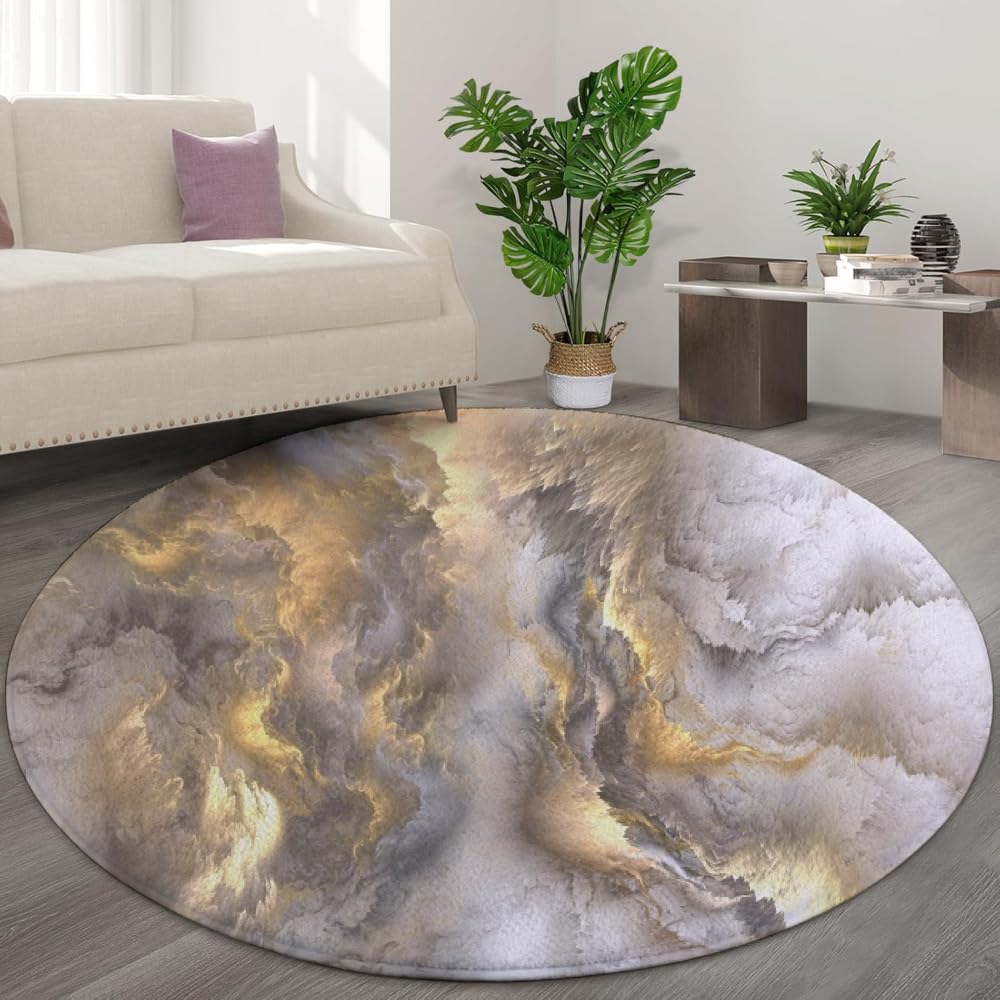 Tapis rond impression 3D nuages abstraits dorés pour salon et chambre