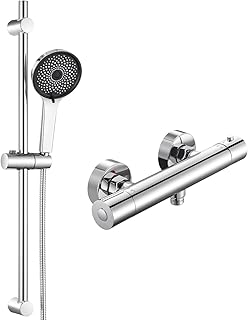 Auralum Duschsystem Komplettset mit Thermostat Duscharmatur, Edelstahl Duschstange 700mm mit Thermostat Duscharmatur, 1500mm Edelstahl Schlauch & 5-fach Handbrause, Höhenverstellbare Handhalterung