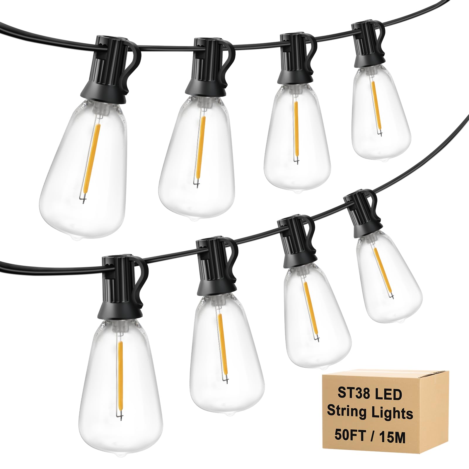 Kerry Outdoor String Lights Mains Powered, 15M/50FT Festoon IP45 Waterproof with 25+2 ST38 LED Globe Bulbs, Shatterproof Garden Lighting for Bistro Backyard Party Cafe Camping