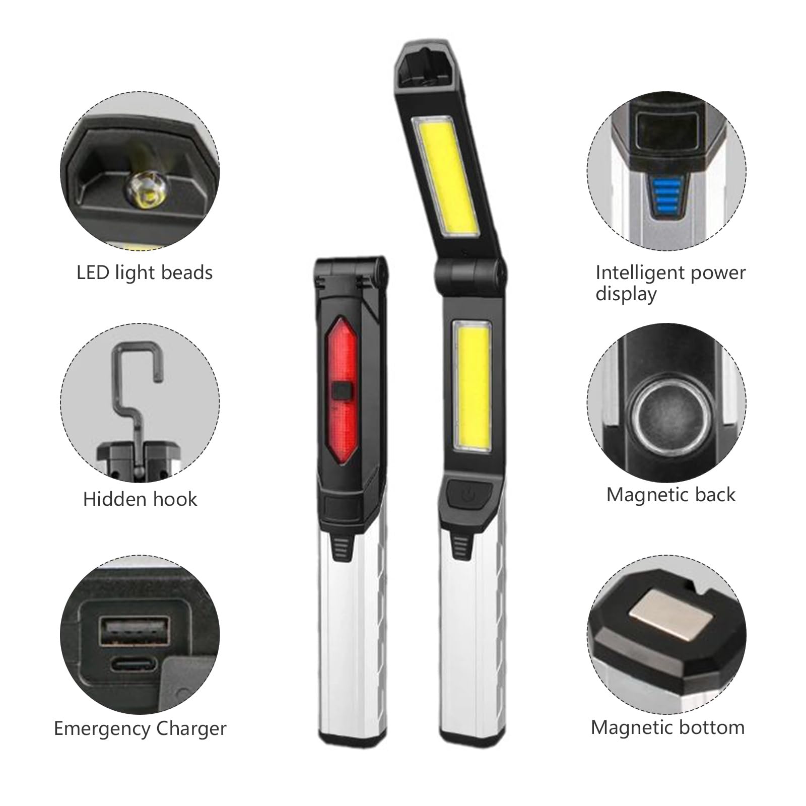Linterna LED Recargable, Luz de Trabajo LED Plegable de 180° Linterna Taller LED Recargable de 1500 MAH Linterna de Trabajo COB LED con Base Magnética para Automóviles Cámping Emergencia