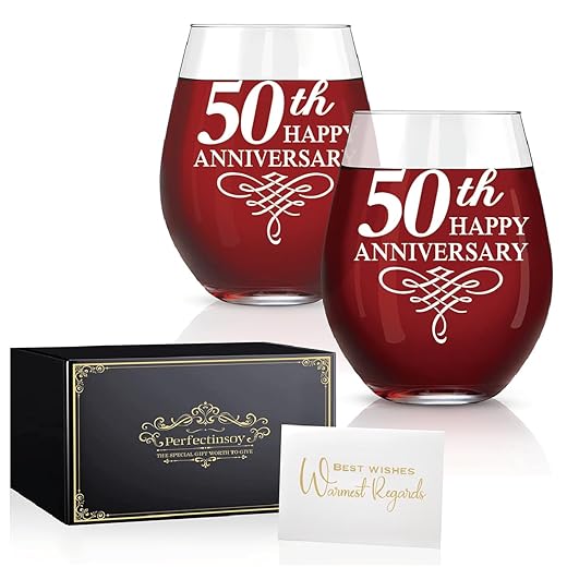 Perfectinsoy 50 Years Happy Anniversary Wine Glass Set of 2, 50th Anniversary Wedding Gift For Mom, Dad, Wife, Soulmate, Couple, Funny Vintage Unique, 50 Years Gifts, Wedding Gifts
