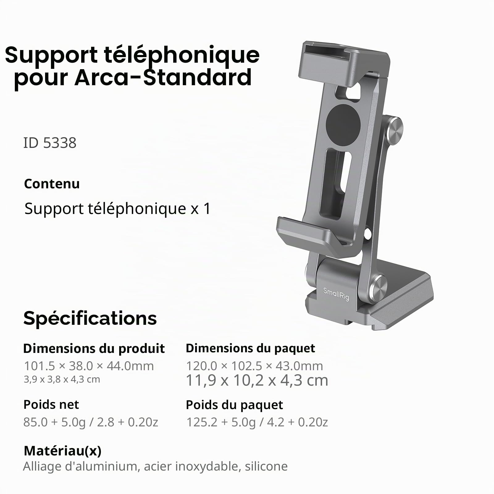 SMALLRIG Support de Téléphone Métallique avec Embase pour Arca-Swiss, Compatible pour DJI RS 4 Mini et RS 3 Mini, Adaptateur de Support Téléphonique, Support de Trépied pour iPhone 16/15 - 5338