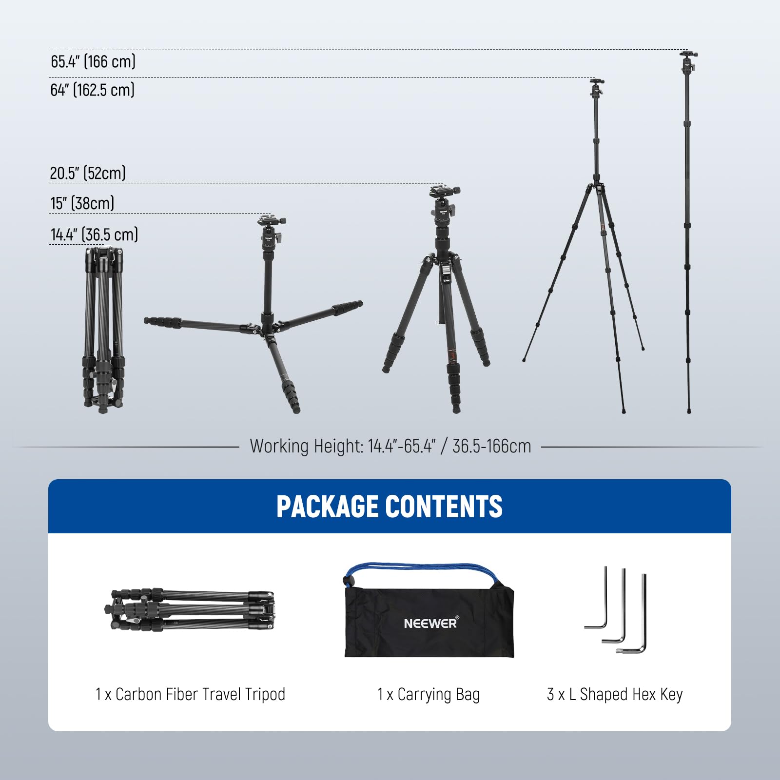 NEEWER Monopod statywu do aparatu z włókna węglowego, 165 cm, lekki, kompaktowy, przenośny, podróżny, głowica kulowa 360°, antypoślizgowa płyta QR, odwrócona oś centralna, dwustronne nogi, maksymalne