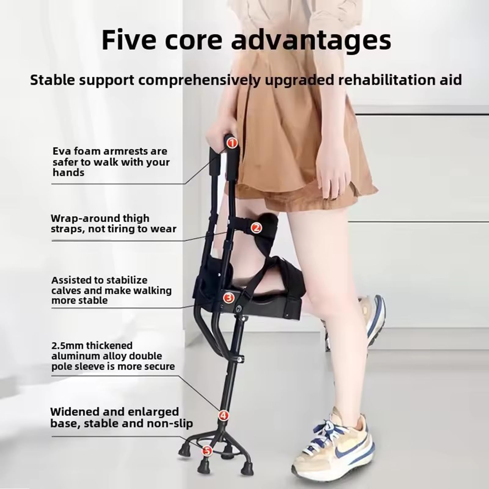 Muleta de rodilla, muletas manos libres para adultos, andador telescópico para apoyo a la movilidad, ideal para recuperación de lesiones y ayuda para la vida diaria