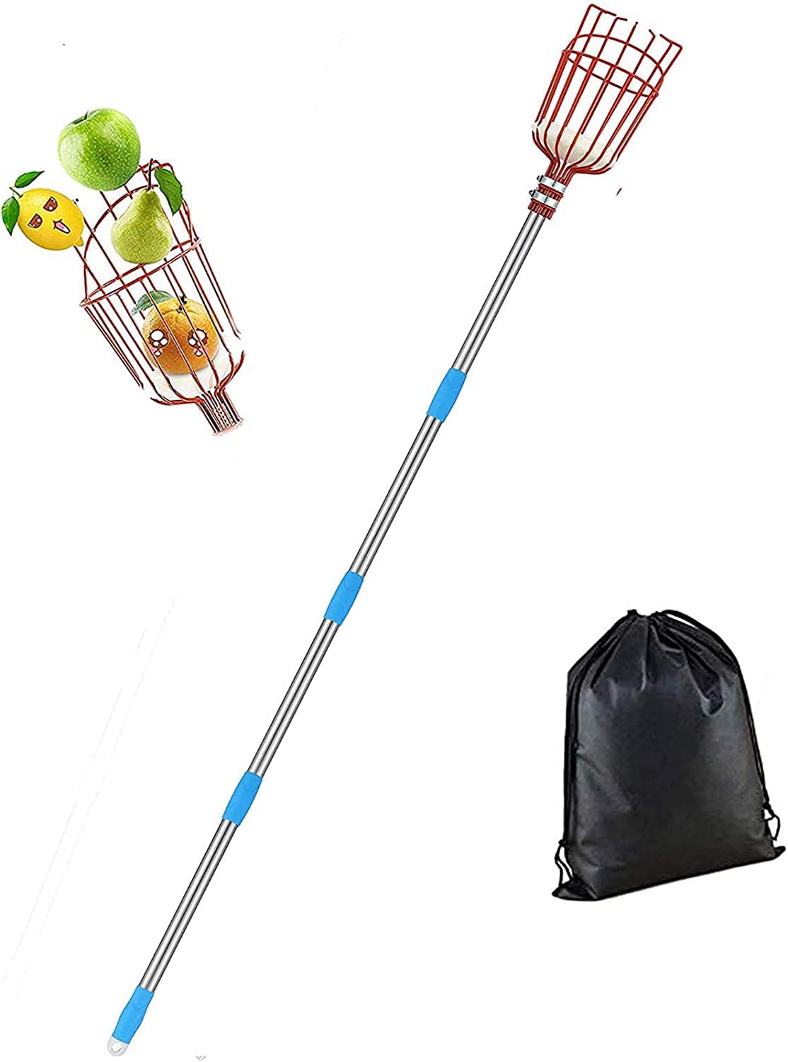 Fruit Picker Tool-8 FT Adjustable Fruit Picker with Basket Apple Orange Pear Picker with Light-Weight Stainless Steel Pole and Extra Fruit Carrying Bag