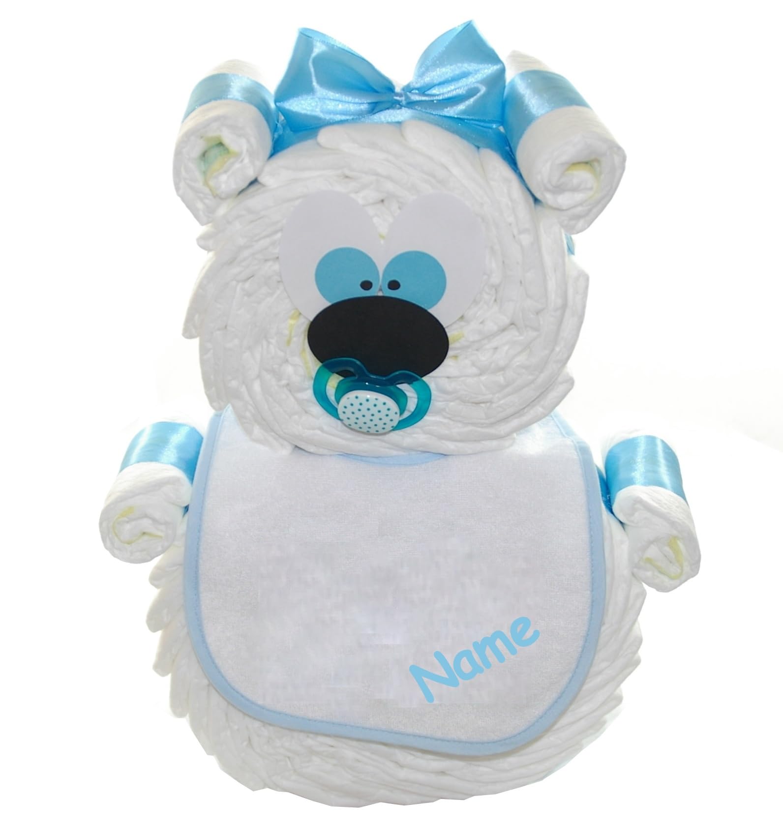 Große Windeltorte Windelbär für Baby blau| optional Lätzchen mit Name bedruckt | Geschenk zur Geburt, handgefertigt (bedruckt)