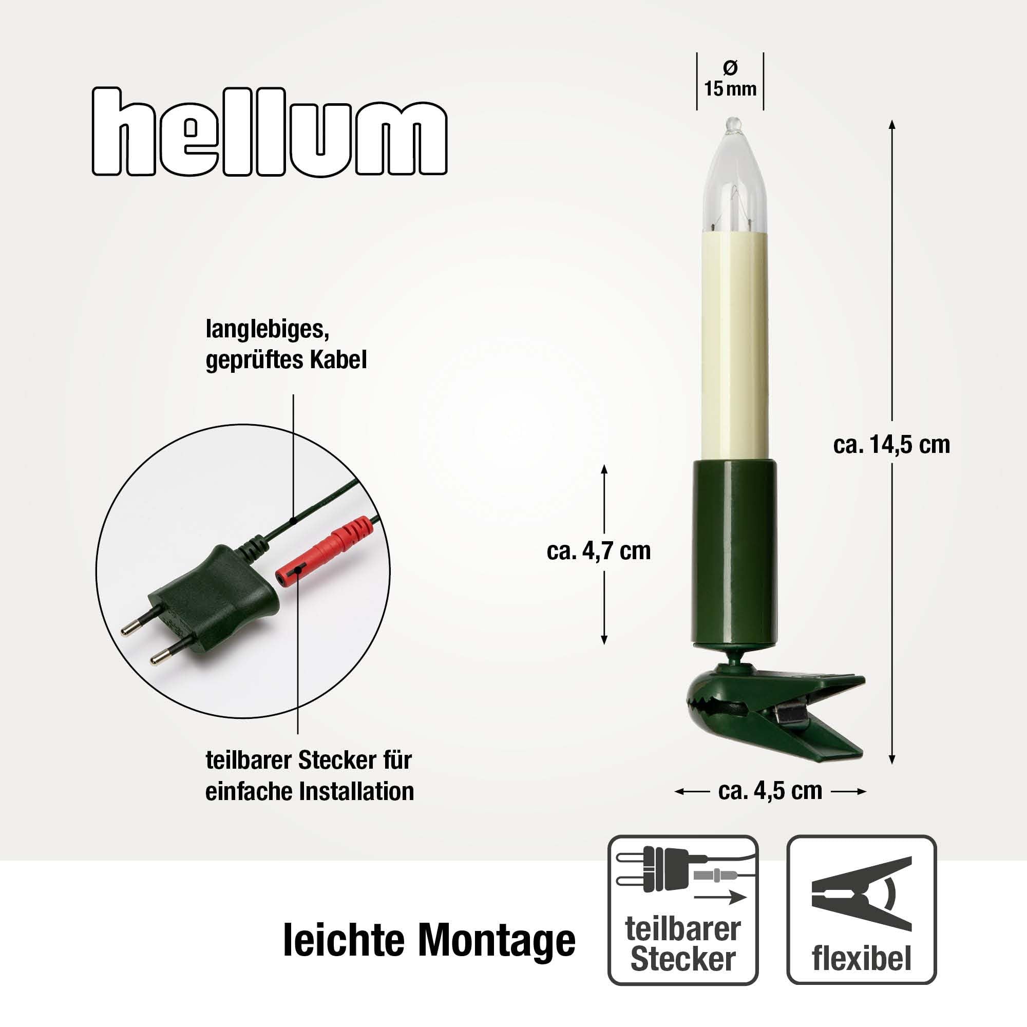 hellum Lichterkette Weihnachten innen mit 15 Kerzen und teilbarem Stecker | Made in Germany warmweiß, Lichterkette Weihnachten mit Clip, 9,80m beleuchtet, Kabel grün, inkl 3 Ersatzkerzen <59lm 430059