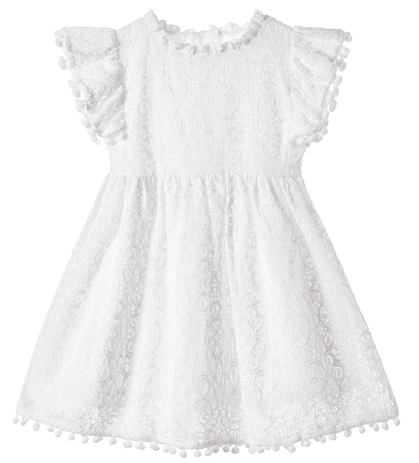 Abito da bambina elegante da principessa in pizzo vintage con pompon a maniche svasate, abito da festa