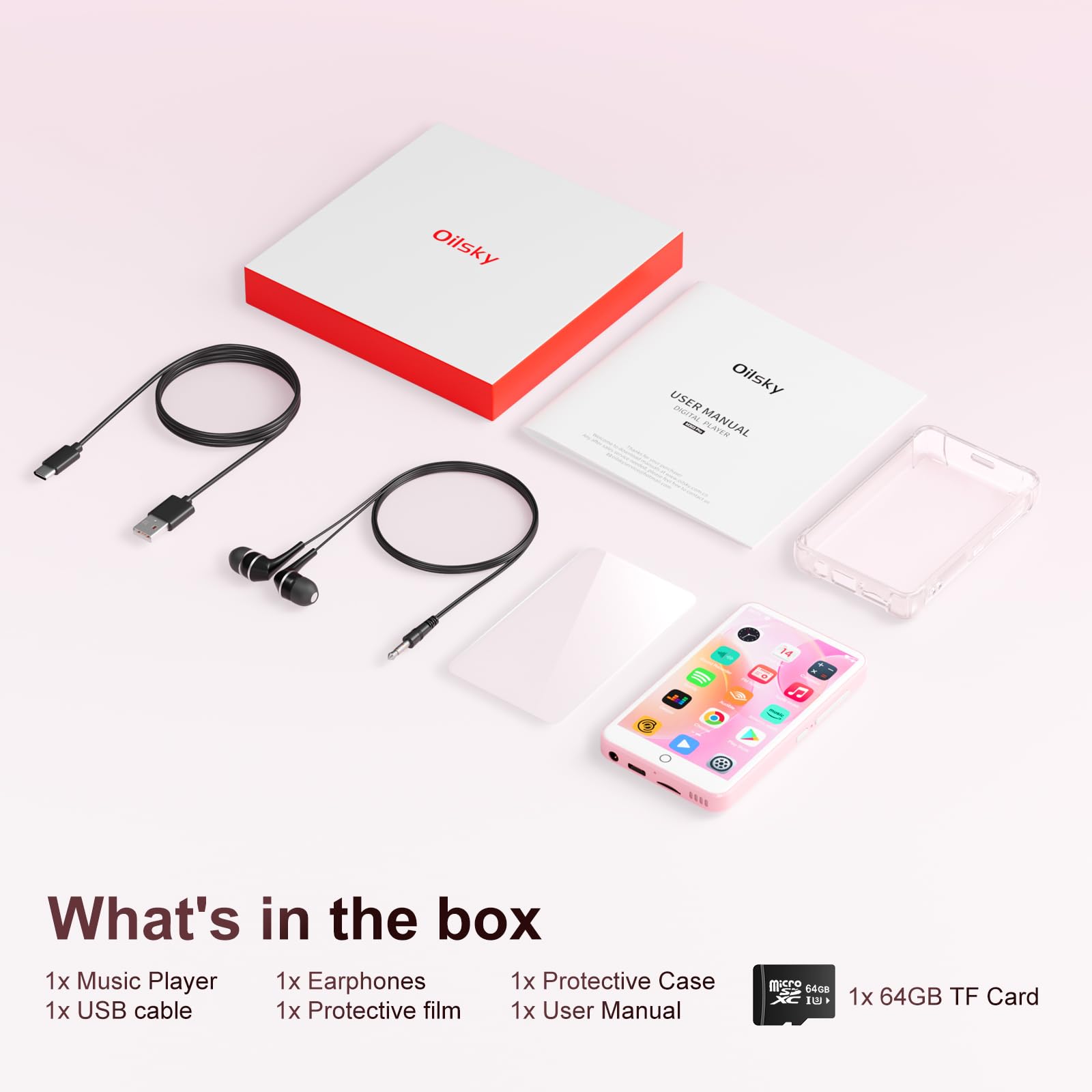 Reproductor de MP3 con Bluetooth y WiFi, Oilsky 80GB Portable MP3 Music Player con Spotify, Audible, Deezer, Reproductor MP4 de Pantalla Táctil 1080P de 4'', Android 9.0 (Rosa)