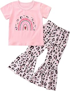 Conjunto de roupas infantis de algodão para bebês meninas com estampa de arco-íris, camiseta de manga curta, calça comprida flare, roupas de inverno fofas para adolescentes