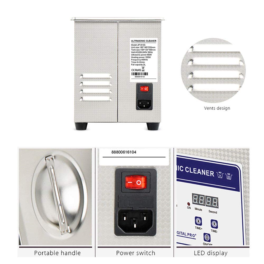 Limpiador ultrasónico Digital de 2 litros, baño Limpiador sónico de Acero Inoxidable de 40 KHz con Calentador y Temporizador (0-30 min), para Limpiar Joyas, Gafas, dentaduras postizas, Monedas, piez