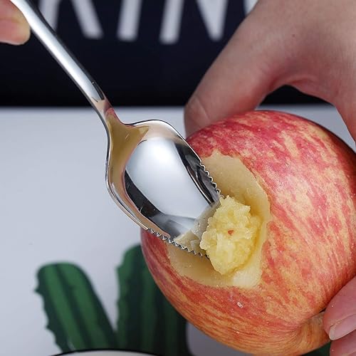 Miniatura 6 de HOMQUEN Juego de 5 cucharas de pomelo, 4 cucharas de acero inoxidable y 1 cuchillo con chapado de titanio, bordes dentados para utensilios (plateado)