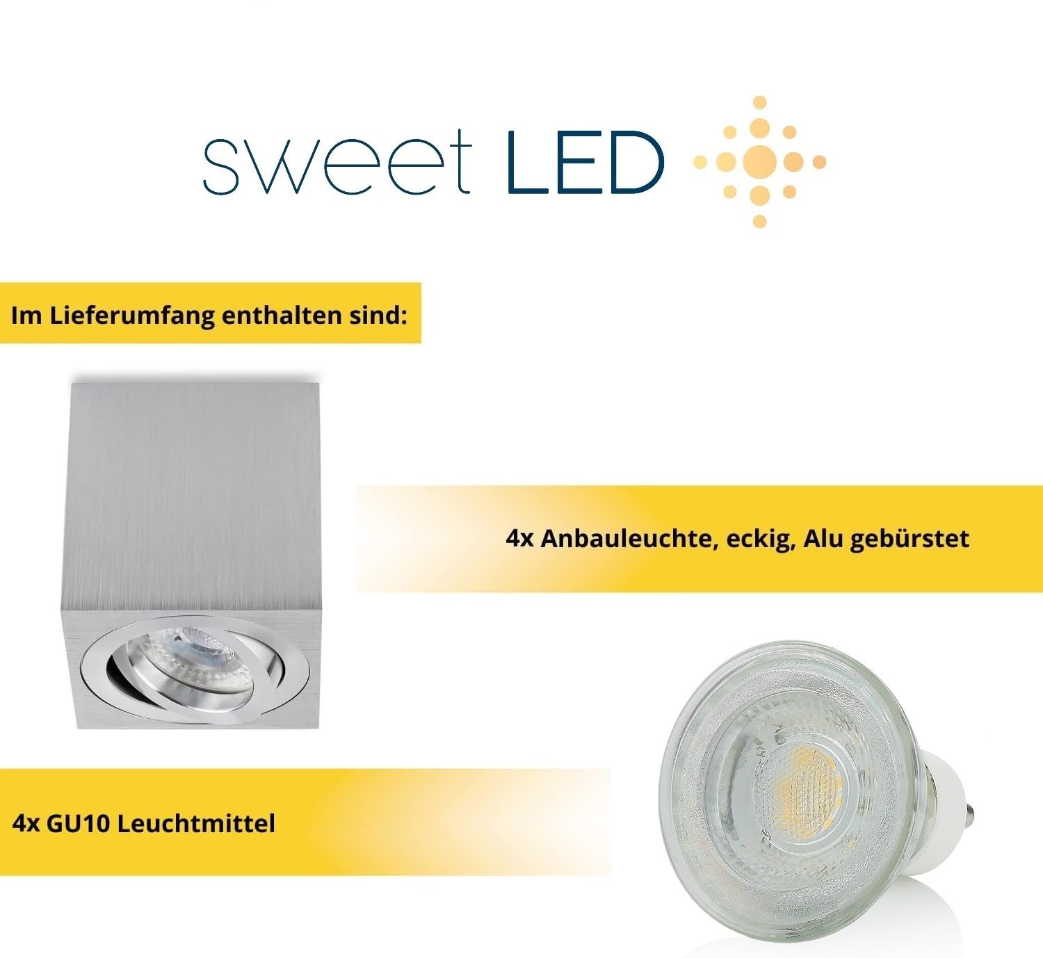 Sweet Led Aufbaustrahler aus Aluminium - 4x Deckenspots 7W 3000K warmweiß - LED Aufbauspot alu gebürstet Eckig - Aufbauspot GU10 80x80x84 mm - Aufputz 230V schwenkbar