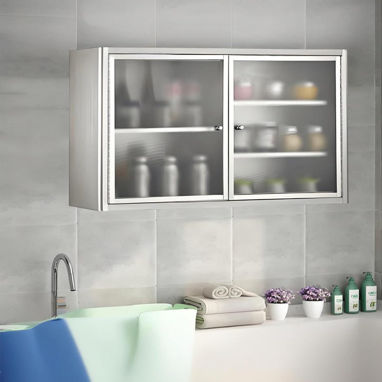 Armadietto da cucina in acciaio inox con doppie ante, ripiani regolabili, design stretto multifunzionale per spazi compatti