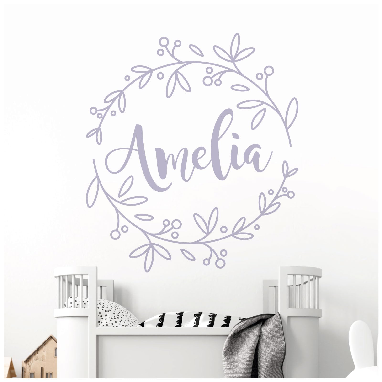 Personalised Name - Floral Wreath - Nursery Vinyl Wall Decal Sticker [Large] [Light Grey]