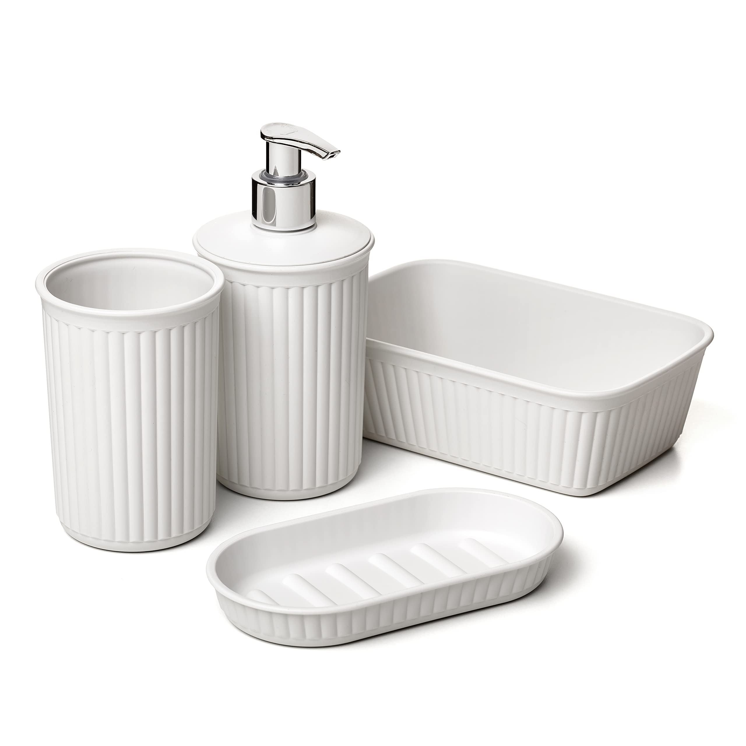 Tatay Set de 4pcs Sobremesa de Baño (Vaso + Dosificador + Jabonera + Organizador A6) Baobab, de Plástico, Libre de BPA, Blanco Pergamon (6391101)