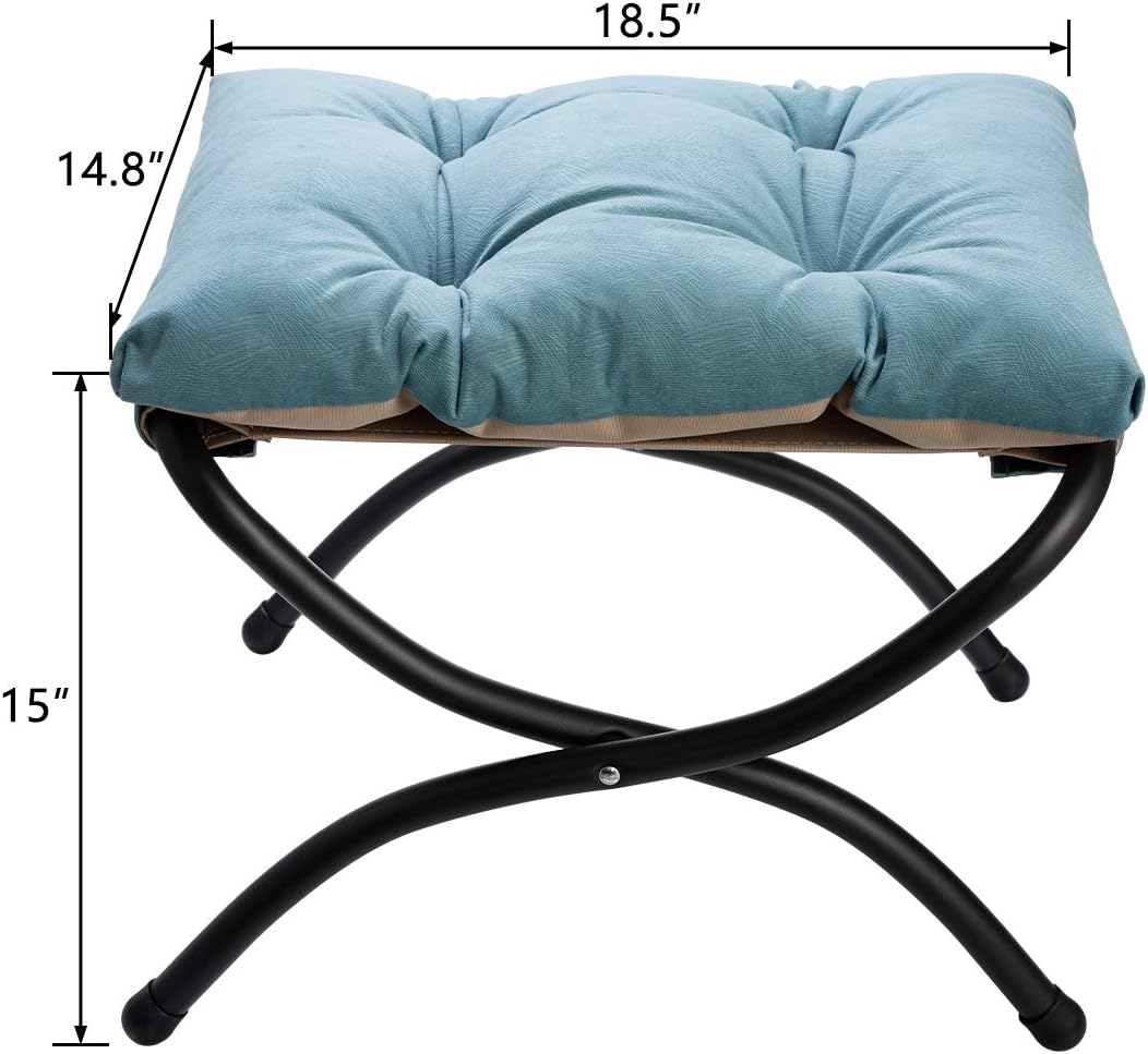 HollyHOME Folding Upholstered Footrest Stool, Small Accent Ottoman with Thick Cotton Cushion, Padded Sofa Stool for Lazy Chair, Metal Legs Vanity Makeup Stool, (L) 18.5" x(W) 14.8" x(H) 15", Blue