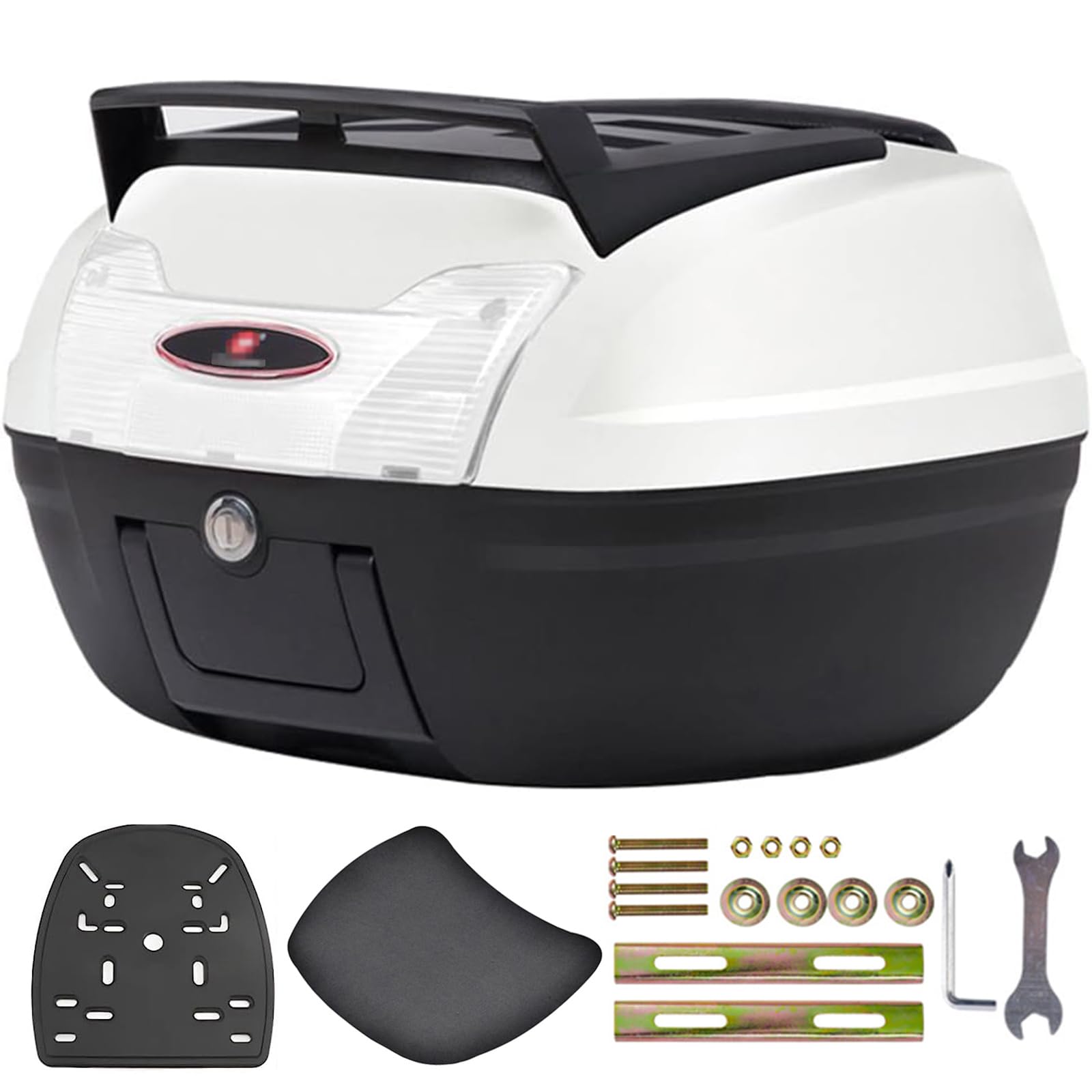 KFGISD, 46L Universal Motorcycle Tour Tail Box Trunk Luggage Topcase Lockable Storage Plastic Case with Soft Backrest ,Motorcycle Top Box(White+white)