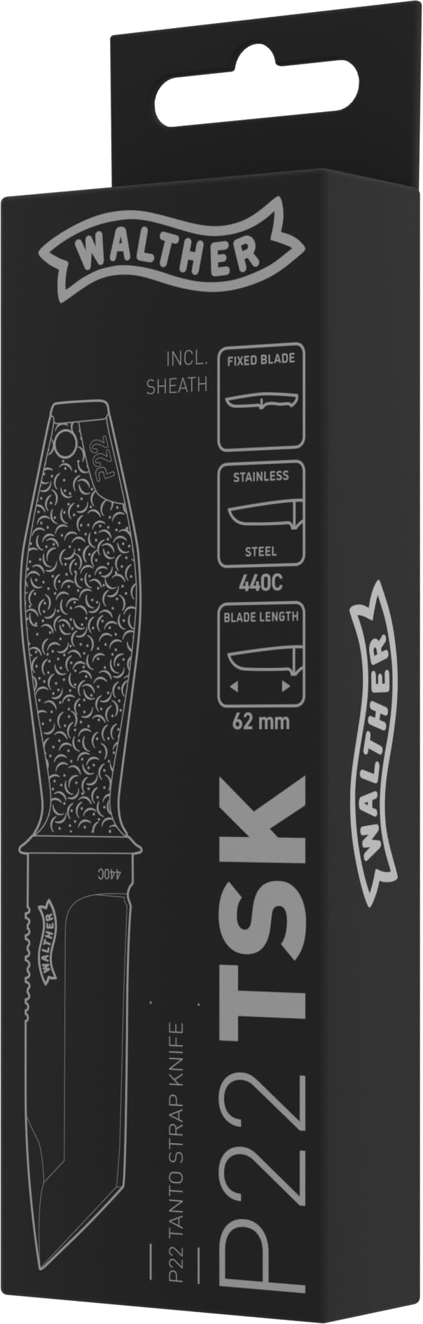 Walther Taschenmesser P22 TSK, 440C Stahl, feststehendes Messer ideal für Alltag und Outdoor Aktivitäten, Tanto Strap Knife, inkl. Kydexscheide
