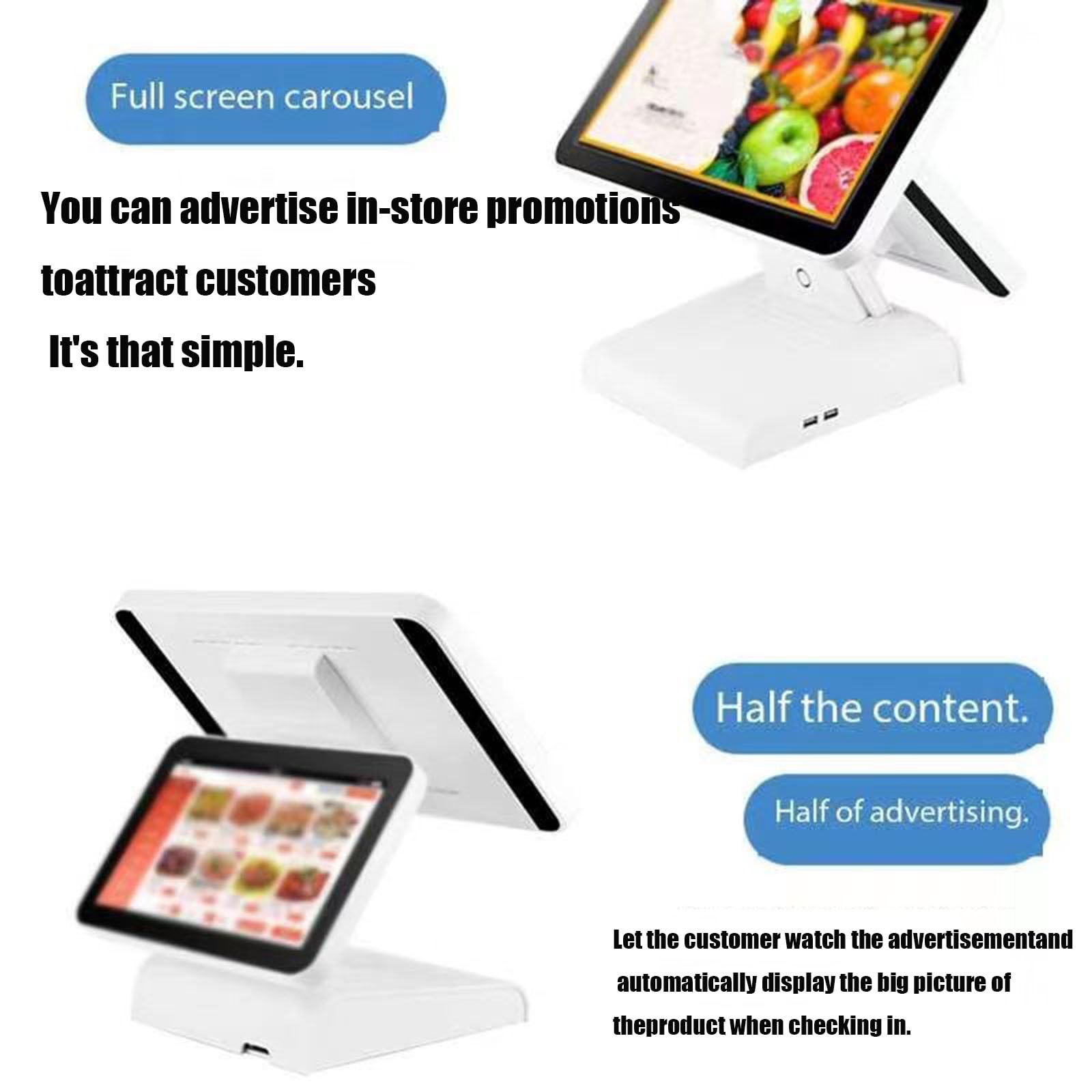 Caja registradora hasta para pequeñas Empresas, Pantalla de Operador multilínea Transparente de 15,6 "+ 11,6", Doble Pantalla Plegable, para Restaurante,Venta al por Menor (White)