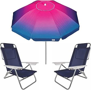 Kit Guarda Sol 2,2m Articulado Cancun 2 Cadeira Reclinável Summer 6 Posições Alumínio Praia Jardim Camping - Tobee - Ros