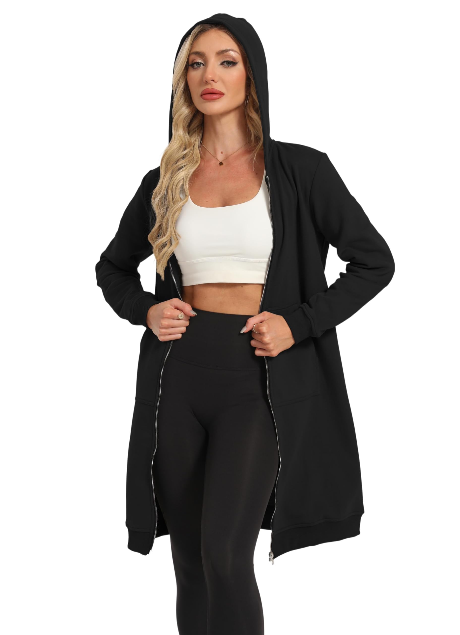 Timuspo Veste à capuche longue pour femme - Douce et ample - Couleur unie - Fermeture éclair - Sweat à capuche surdimensionné et chaud - Avec poches