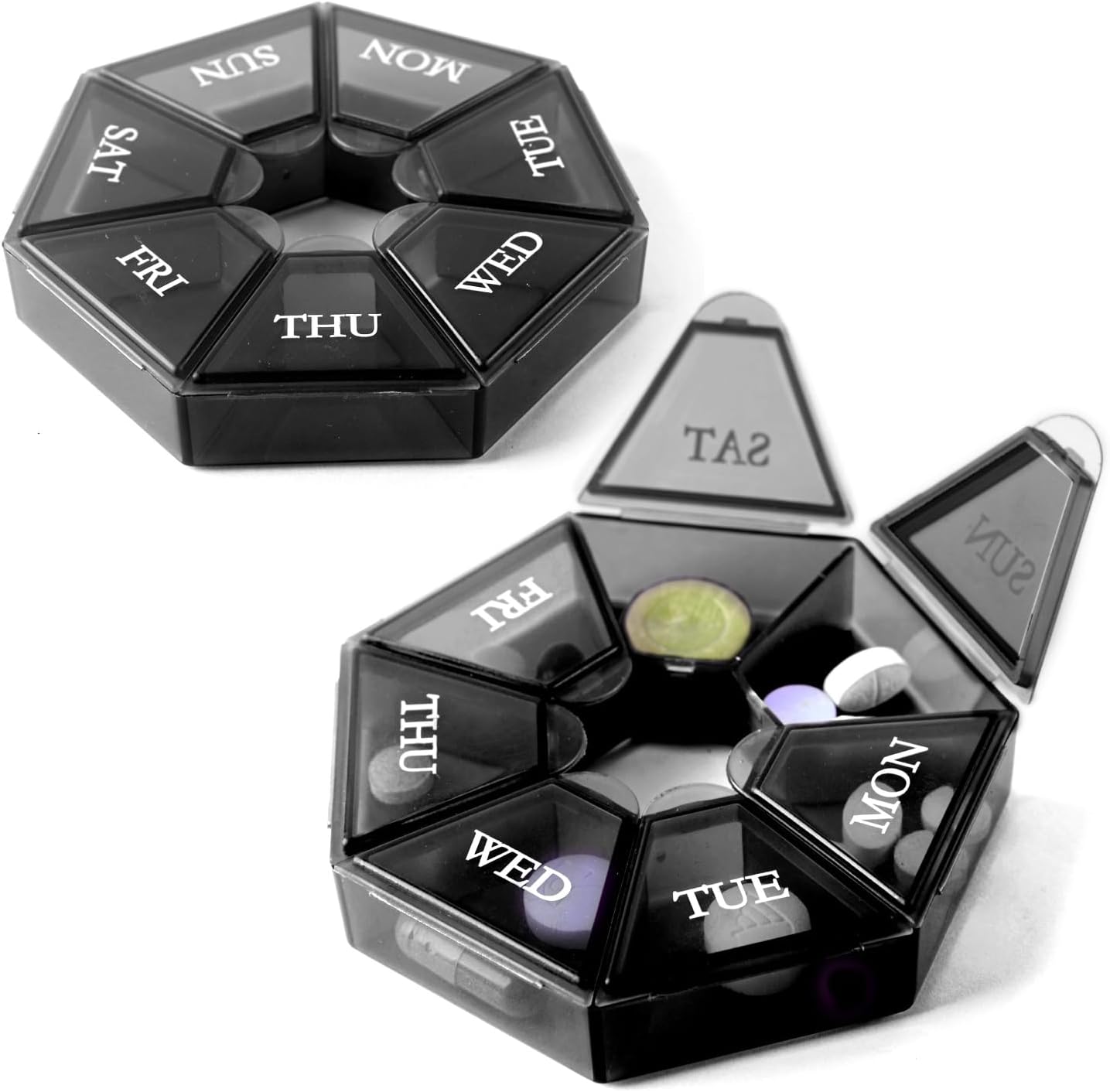 Small Weekly Pill Organizer (2 Pack), Round Pill Dispenser for Travel, Mini Pill Organizer, Compact Medicine Holder, Pill Sorters 7 Days, Portable Vitamin Container, BPA Free (Food Grade)