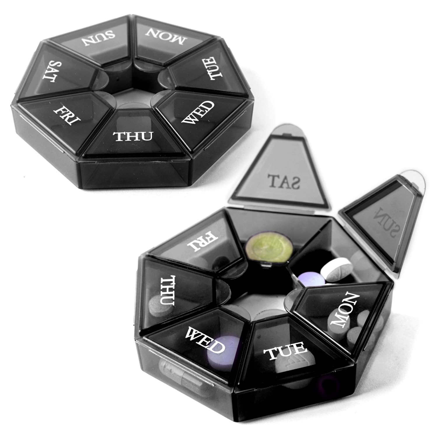 Deke Home - Small Weekly Pill Organizer (2 Pack), Round Pill Dispenser for Travel, Mini Pill Organizer, Compact Medicine Holder, Pill Sorters 7 Days, Portable Vitamin Container, BPA Free (Food Grade)