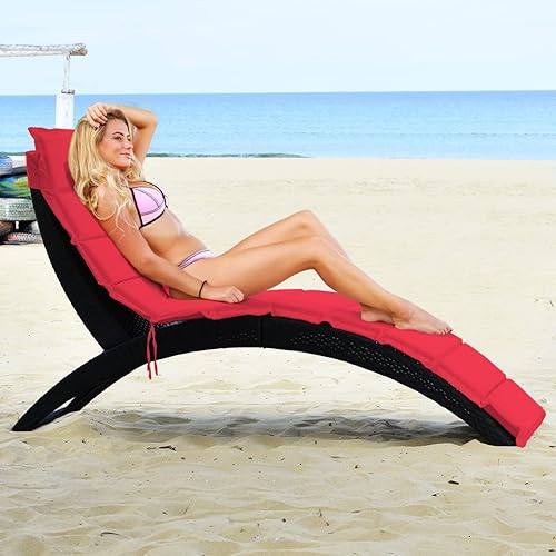 Miniatura 2 de COSTWAY Plegable Patio Rattan Sillón Chaise Acolchado Portátil Jardín Césped Rojo