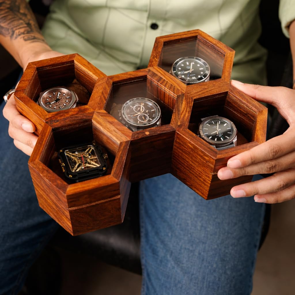 Royal Craft Expertise Caja organizadora de relojes de madera para hombre, 5 ranuras, caja de reloj de lujo de panal | Caja de exhibición de madera de palisandro oscuro y vidrio | Elegante caja de