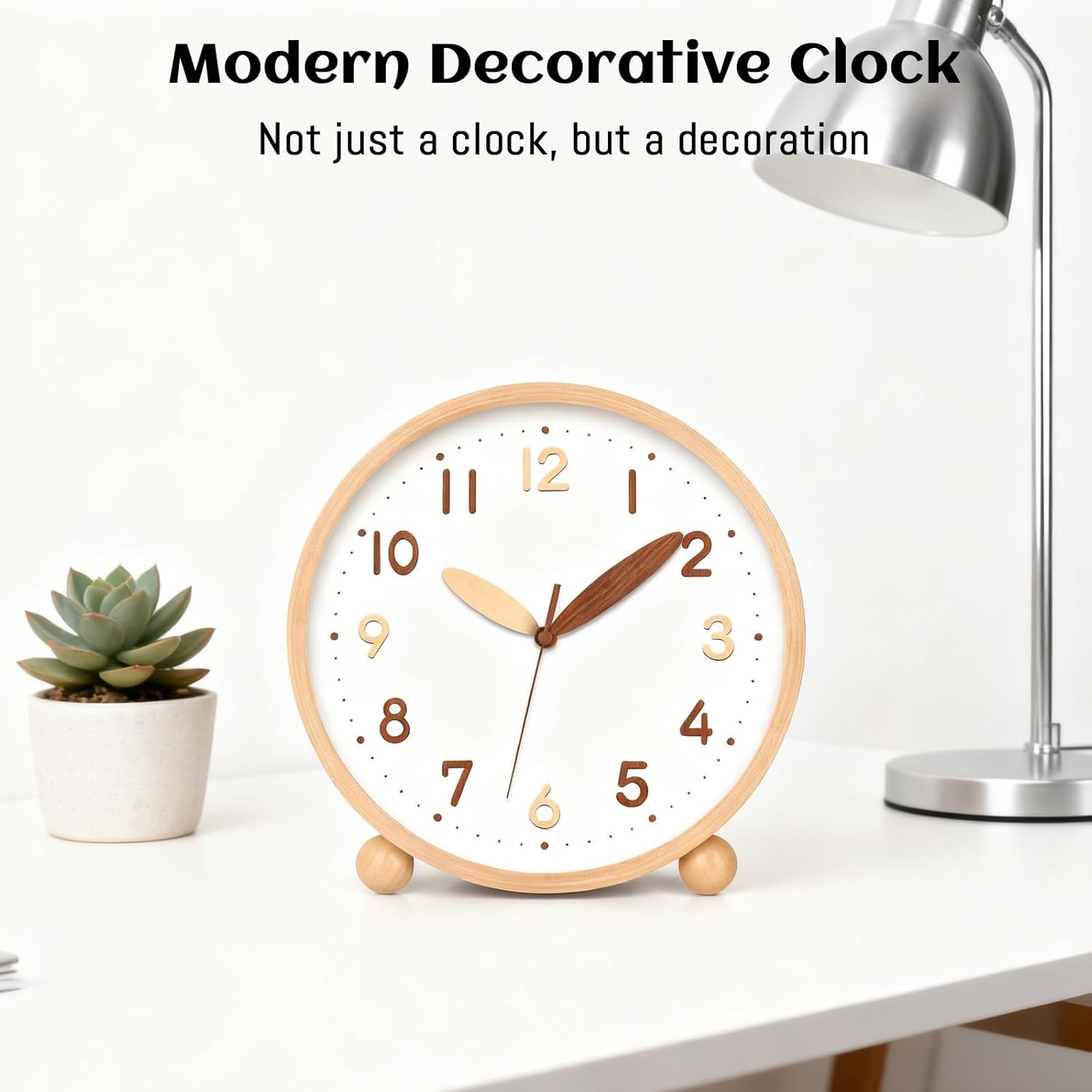 Maxspace Wooden Table Clock,8in Silent Non-Ticking Desk Clock,Battery Operated Desktop Analog Clock for Living Room Bedroom Kitchen Office Classroom Decor (Log - Double Wood Font)