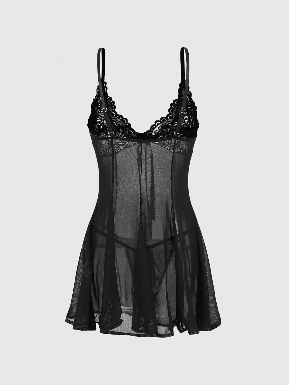 SHENHE Women's Lace Mesh Patchwork Bow Sexy Sheer Dress Set with Thong